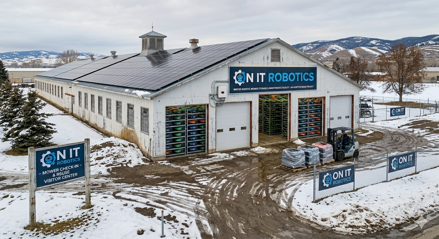 Concept rendering of a planned repurposed poultry house with rooftop solar serving as a regional On It Robotics hub