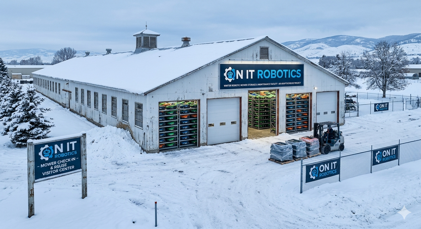 Concept rendering of the planned regional hub in winter, racks of mowers stored for the off-season
