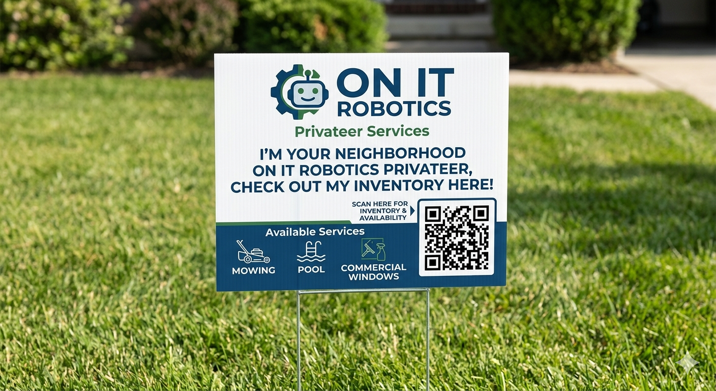 On It Robotics yard sign on a freshly mowed cooperative-served lawn